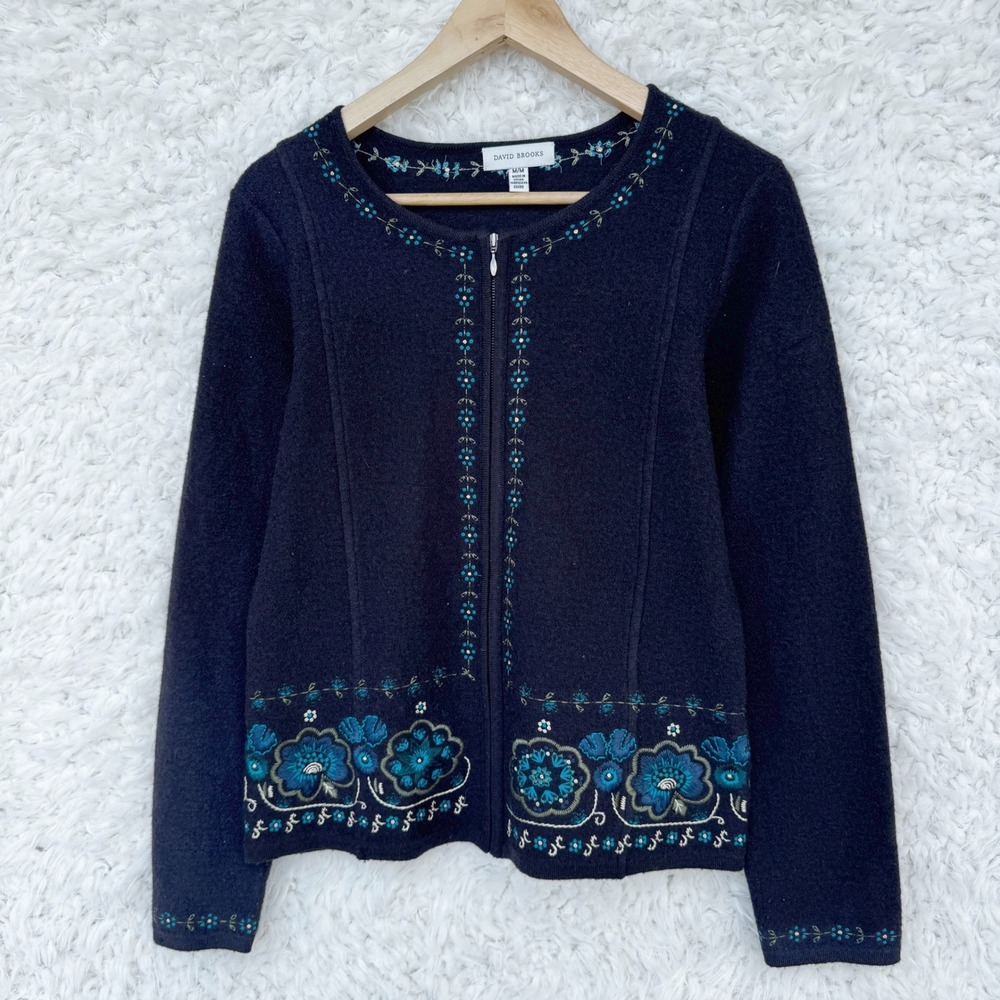 David Brooks Wool Floral Embroidered Zip Front Black Cardigan Grannycore Medium